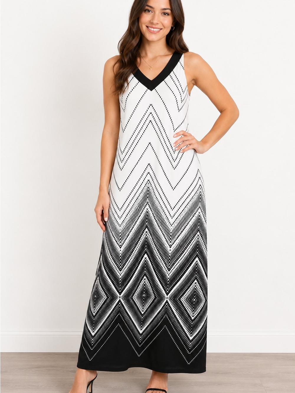 Chico's Black and White Chevron V-Neck Maxi Dress